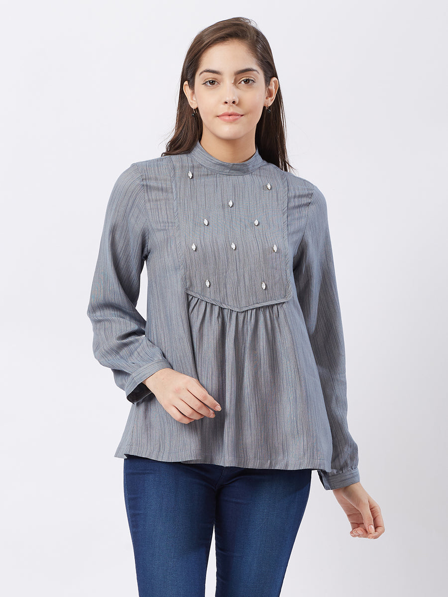 Grey High Neck Top With Full Sleeves