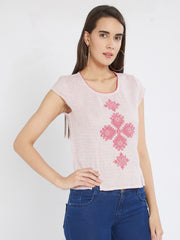 Pink Embroidered Top With Cap Sleeves