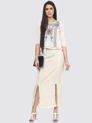 Cream Solid Long Skirt With Slit