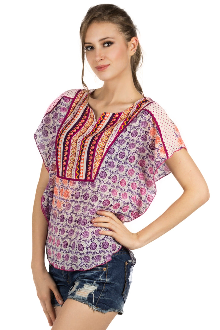 Multicoloured Round Neck Fancy Top for Women With Short Sleeves