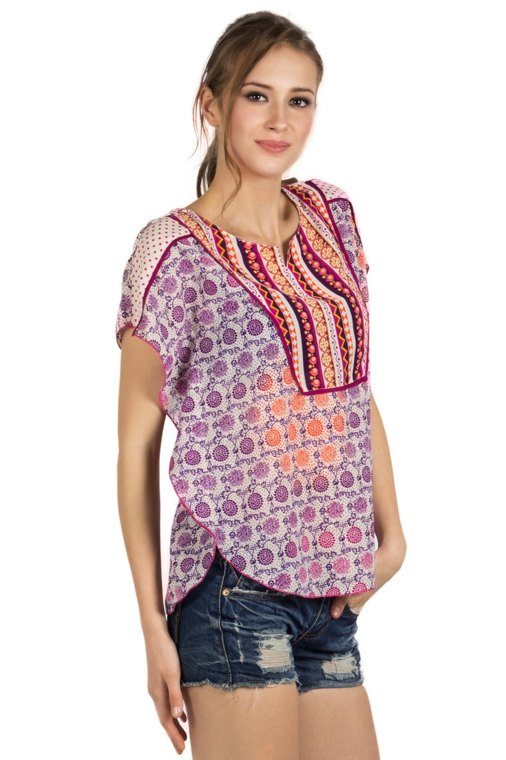 Multicoloured Round Neck Fancy Top for Women With Short Sleeves