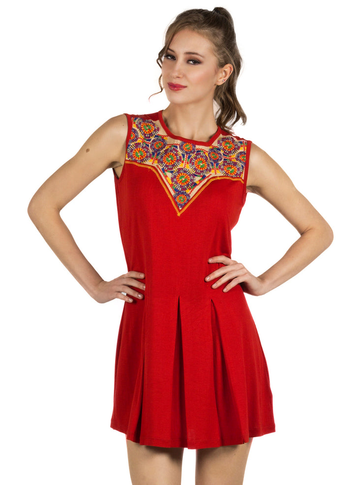 Red Solid & Neck Line Embroidery Tunic