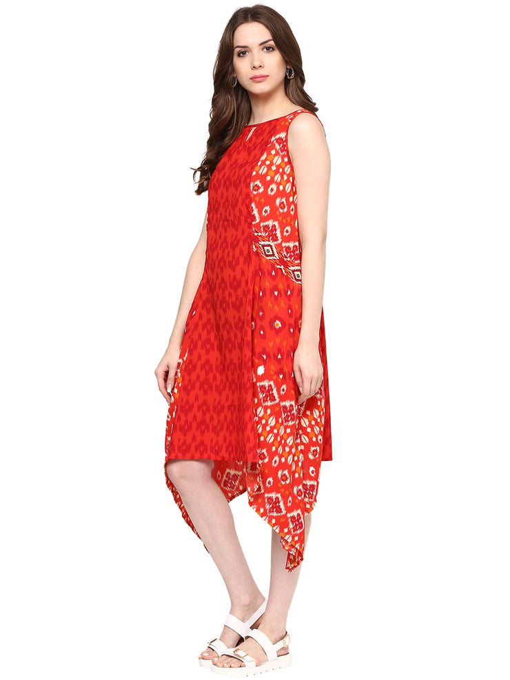 Red Printed High Low Dress