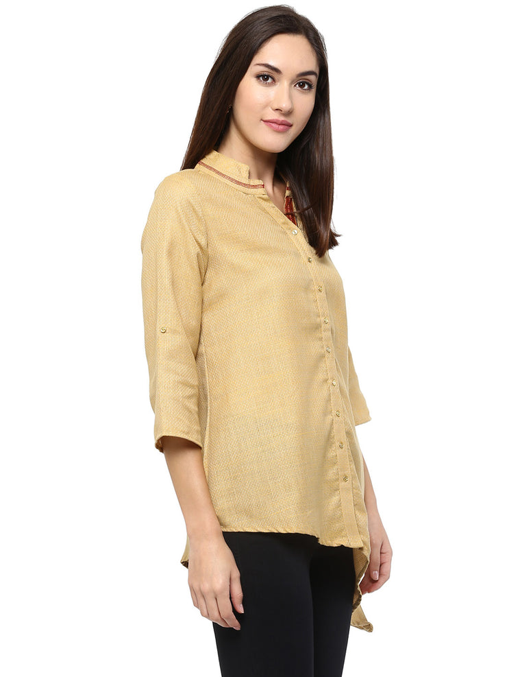 Yellow Round Neck Fancy Top for Women With 3/4th Sleeves