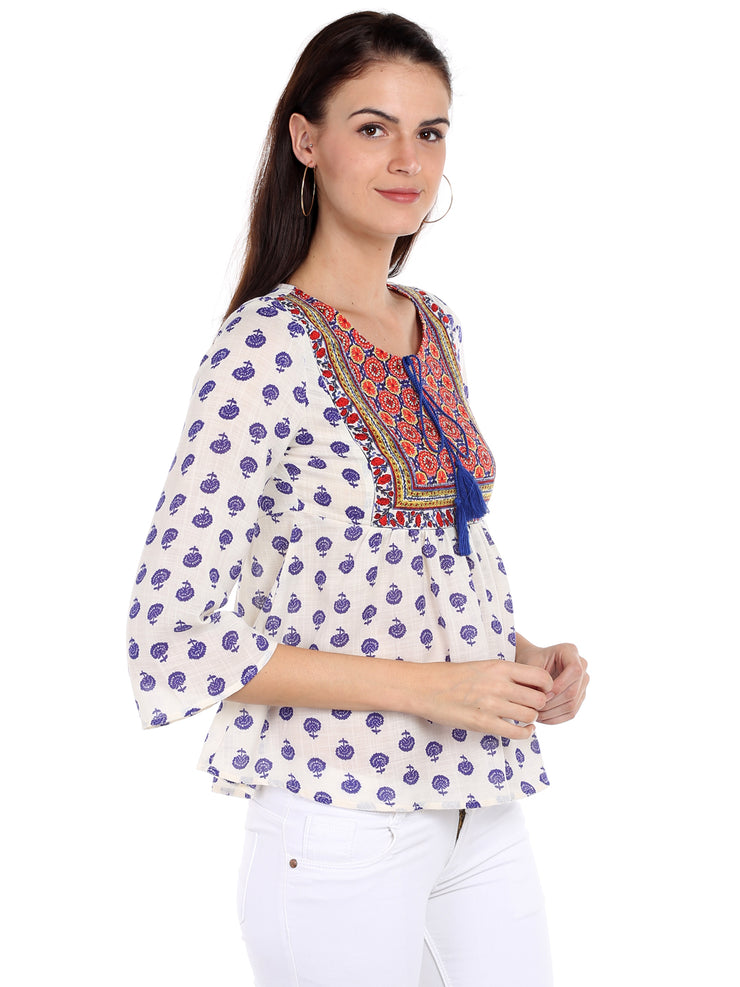 Multicolour Round Neck Fancy Top for Women With Floral Prints