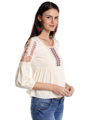Off-White Round Neck Fancy Top for Women With Embroidery