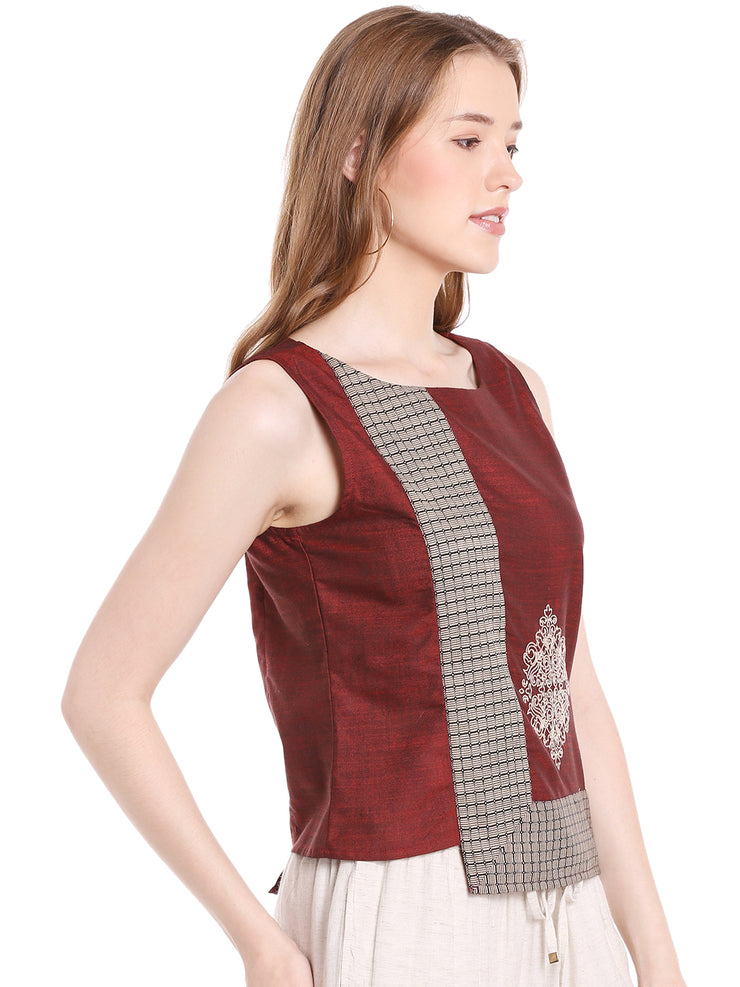 Maroon Solid With Embroidery Festive Top