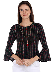 Black Round Neck Fancy Top for Women With Embroidery