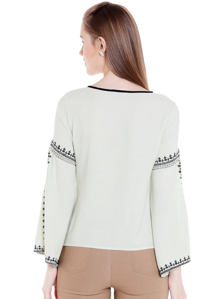 Green Embroidered Fluted Sleeves With Slit Top