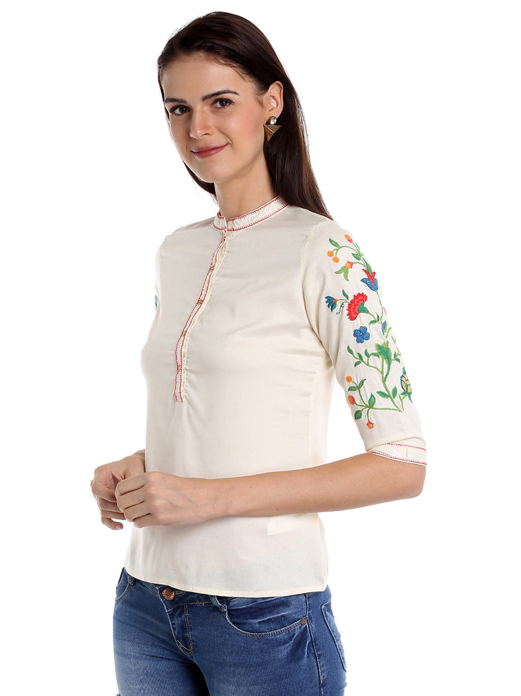 Off White Solid & Embroidery On Sleeve Top