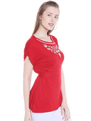 Red Round Neck Fancy Top for Women With Floral Embroidery
