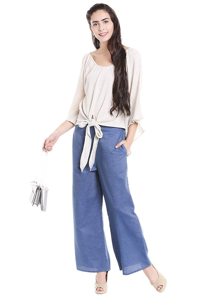 Blue Palazzo Pants for Women With Mid-Rise Waist
