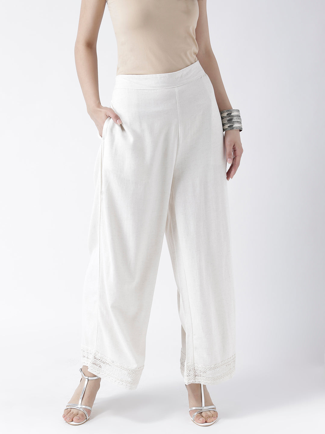 Off white straight pants with scalloped embroidery at bottom hem – Kora  India