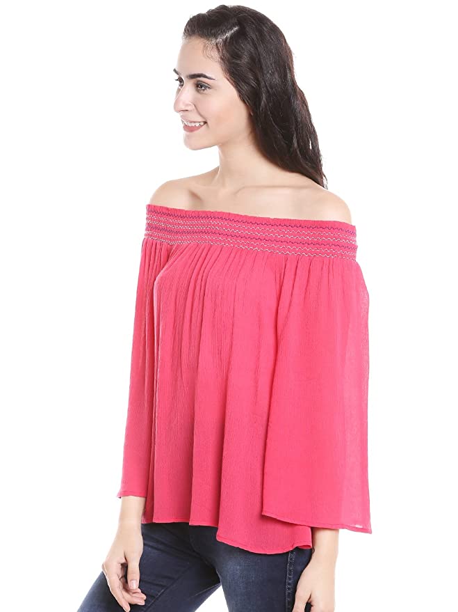 Pink Off-Shoulder Fancy Top for Women With Full Flared Sleeves