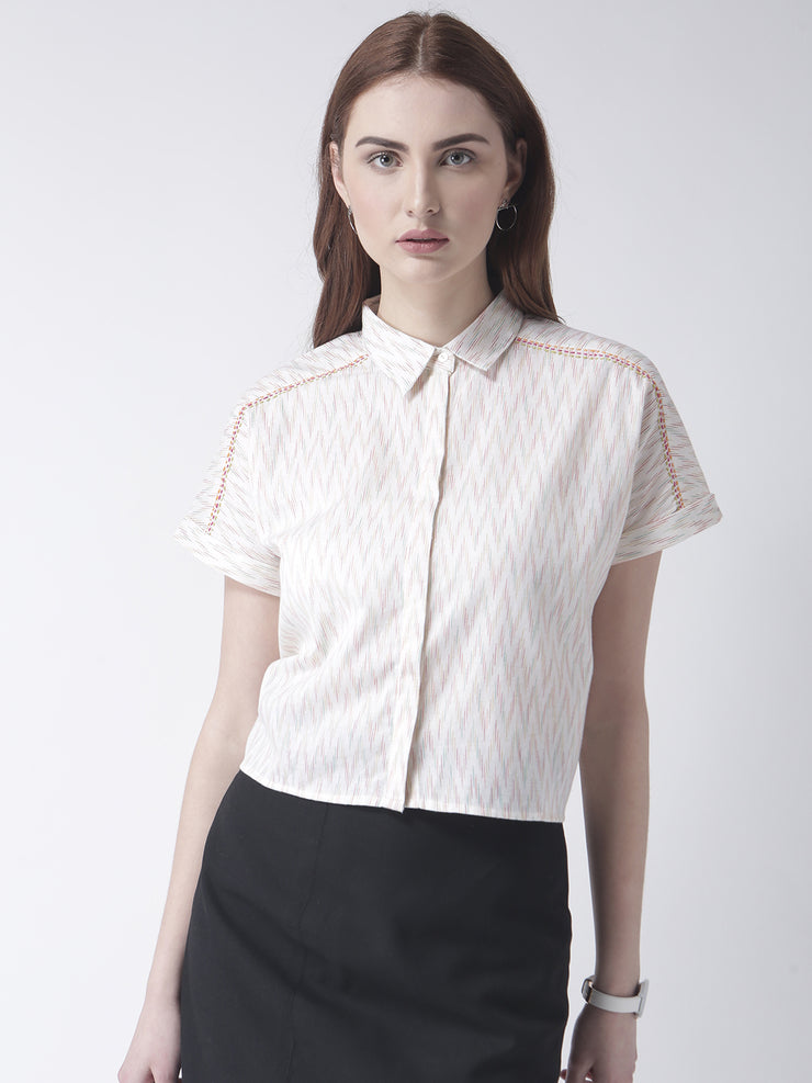 Off-White Collared Neck Fancy Top for Women With Tie-Up Knot