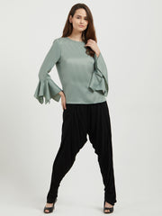 Saga Green Solid Top With Flared Full Sleeves
