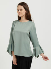 Saga Green Solid Top With Flared Full Sleeves