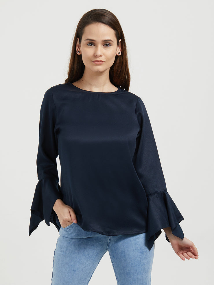 Navy Solid Top With Flared Full Sleeves