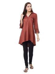 Rust Shirt Collar Asymmetric Top with Lace Sleeves