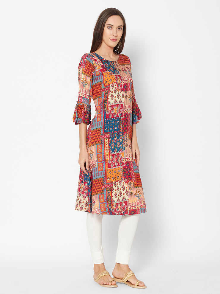 Fusion Beats Red Printed Kurta With Bell Sleeves