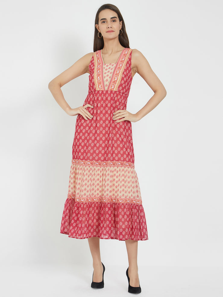 Red Printed Dress With Flounce At Hem