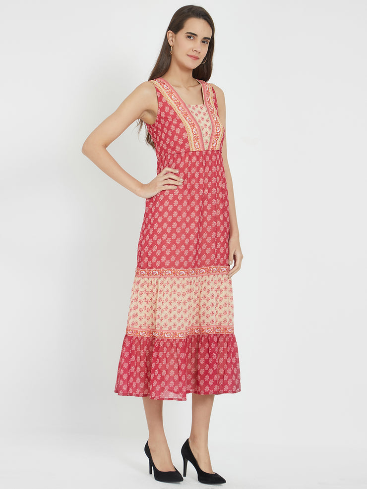 Red Printed Dress With Flounce At Hem