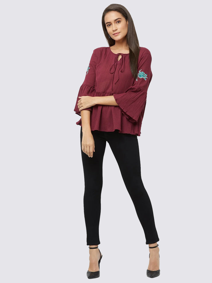 Maroon Round Neck Fancy Top for Women With Flared 3/4th Sleeves