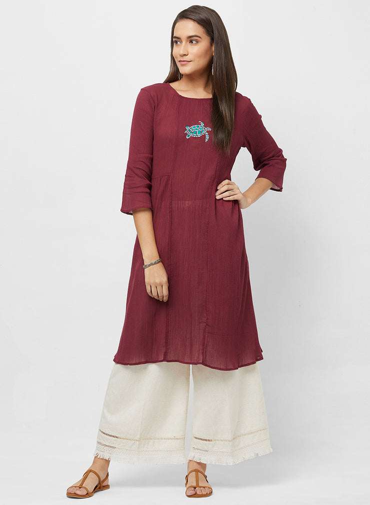 Maroon Round Neck Fancy Kurta for Women With Turtle Embroidery