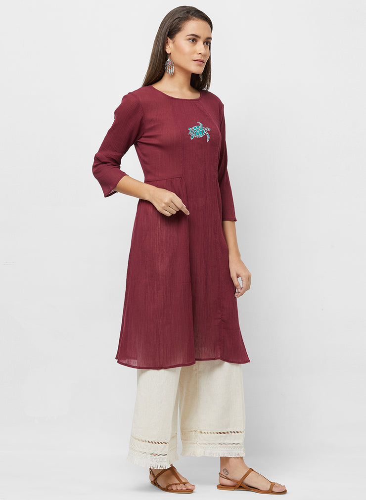 Maroon Round Neck Fancy Kurta for Women With Turtle Embroidery