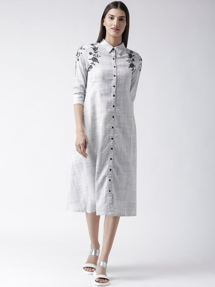 Grey Embroidered Shirt Collar Dress