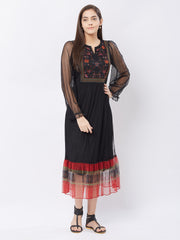 Black Floral Long Dress With Full Sleeves