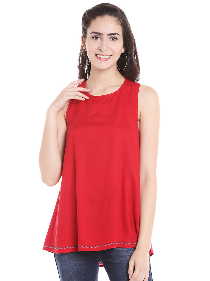 Red Solid Top With Cross Back