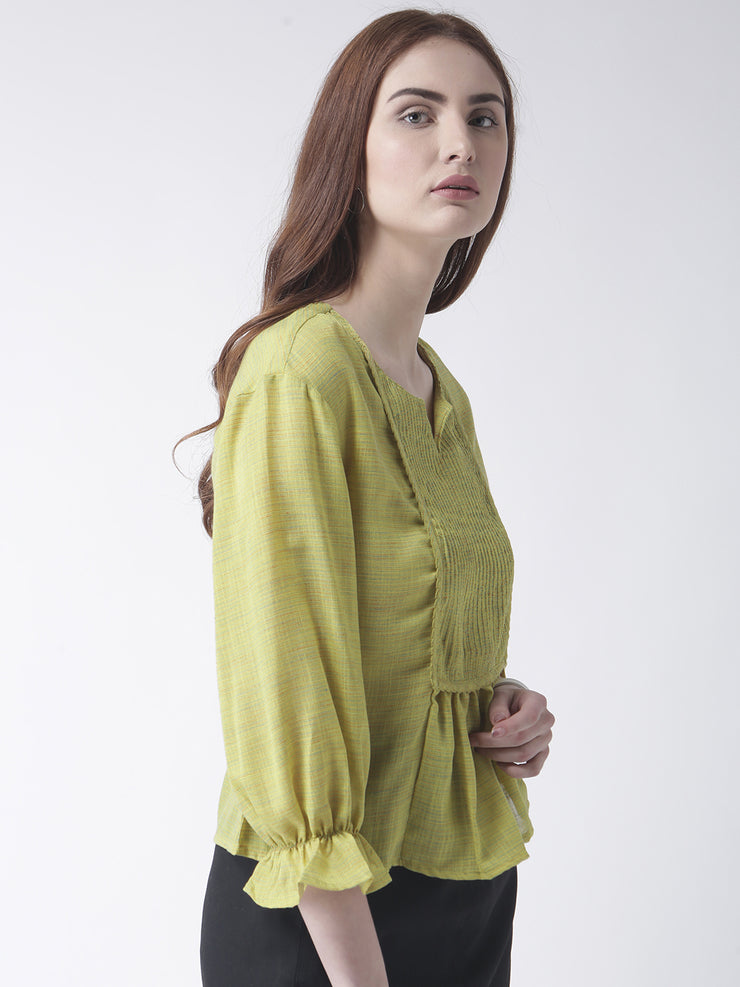 Green Round Neck Fancy Top for Women With Frilled Long Sleeve