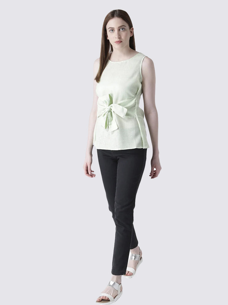Green Round Neck Fancy Top for Women With Tie-Up Belt