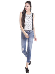 Black and White Square Neck Fancy Top for Women With Floral Prints