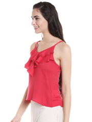 Pink V Neck Fancy Top for Women With Ruffled Details
