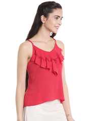 Pink V Neck Fancy Top for Women With Ruffled Details