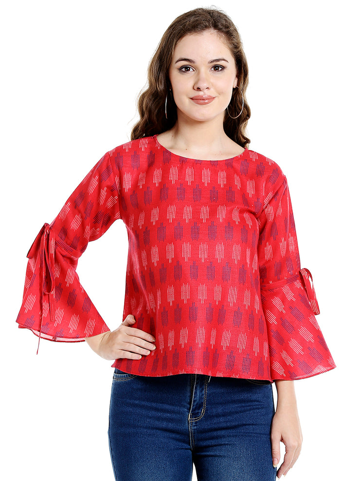 Red Short Top for Women With Ikat Print & Long Flared Sleeves