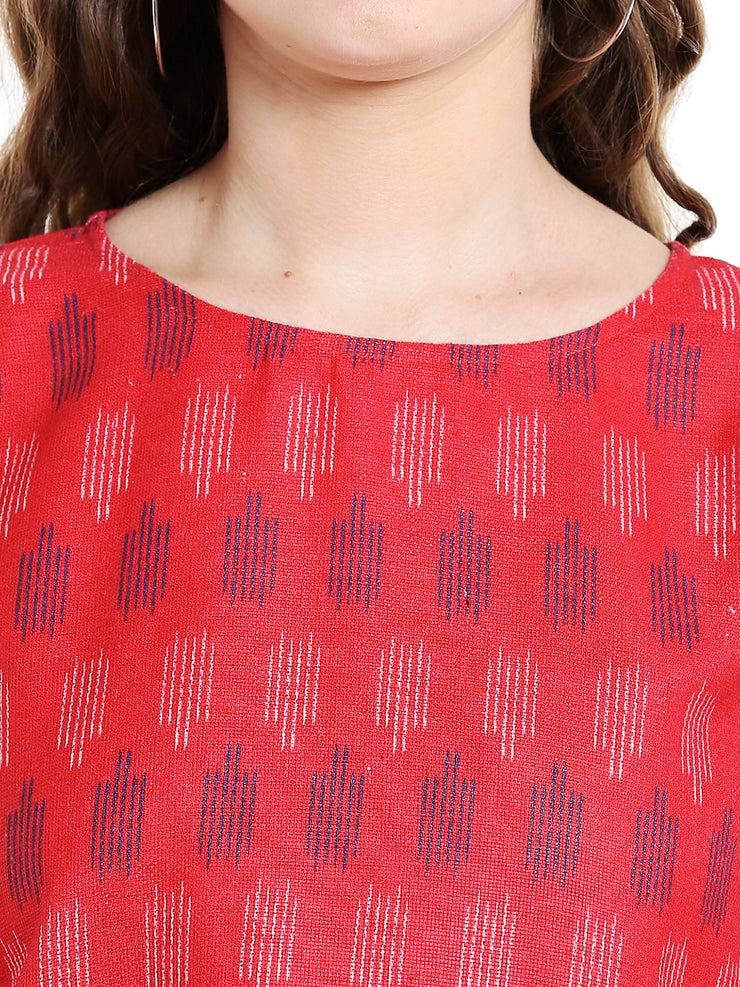 Red Short Top for Women With Ikat Print & Long Flared Sleeves