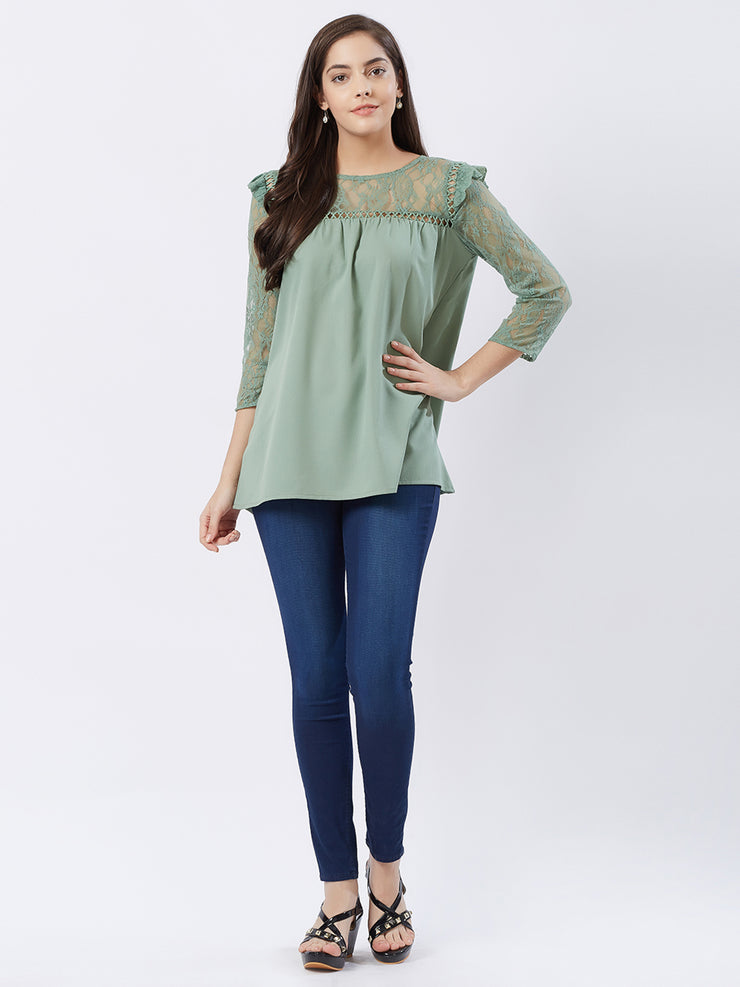 Sage Green Solid Top With Lace Sleeves