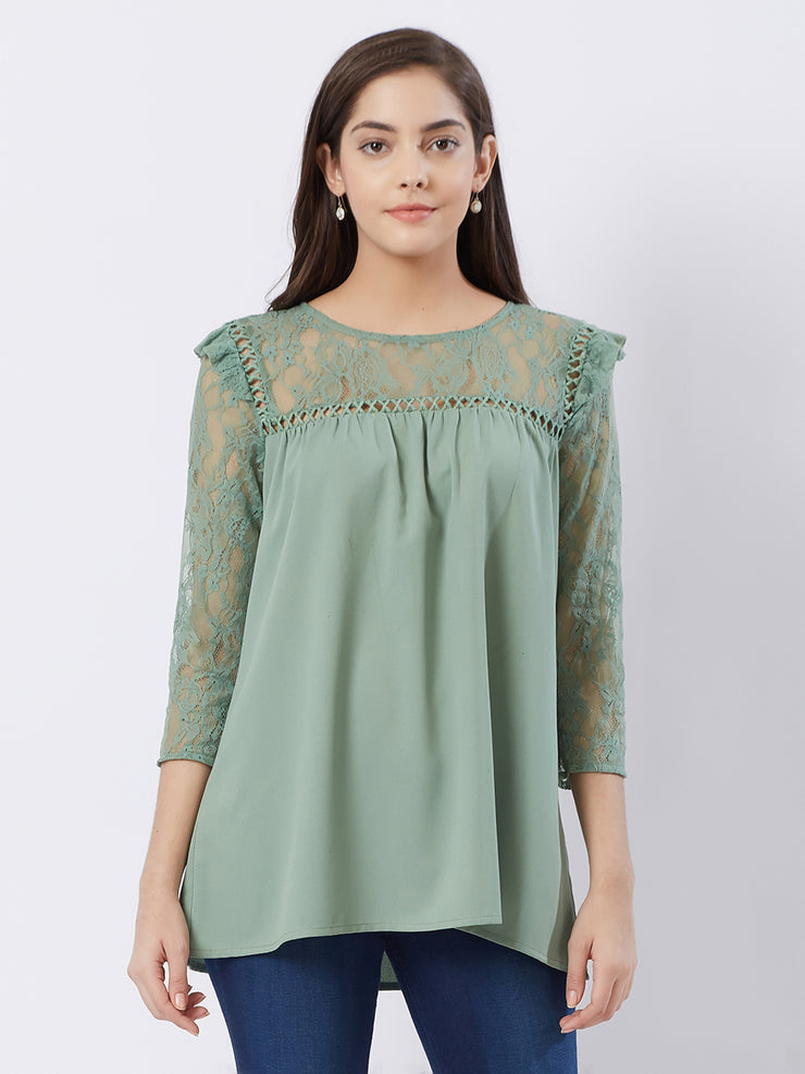 Sage Green Solid Top With Lace Sleeves