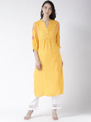 Yellow Long Kurta With Embroidered Sleeves