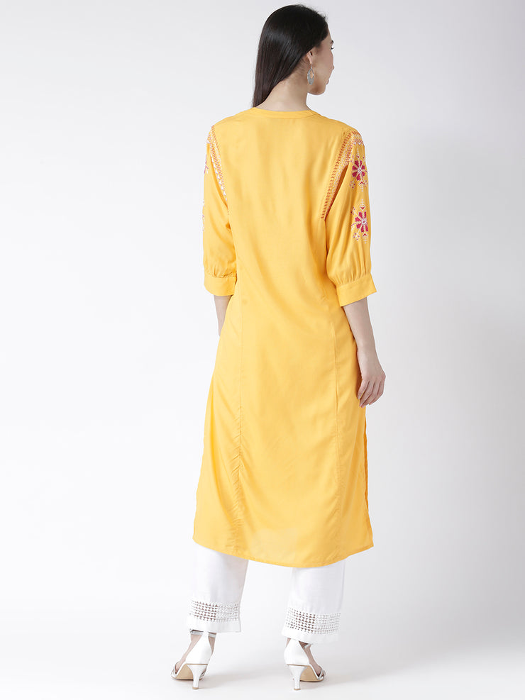 Yellow Long Kurta With Embroidered Sleeves