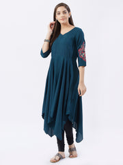 Emerald  Green Asymmetrical Kurta With Embroidery On The Sleeves