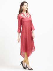 Rose  Asymmetrical Kurta With Embroidered Neck