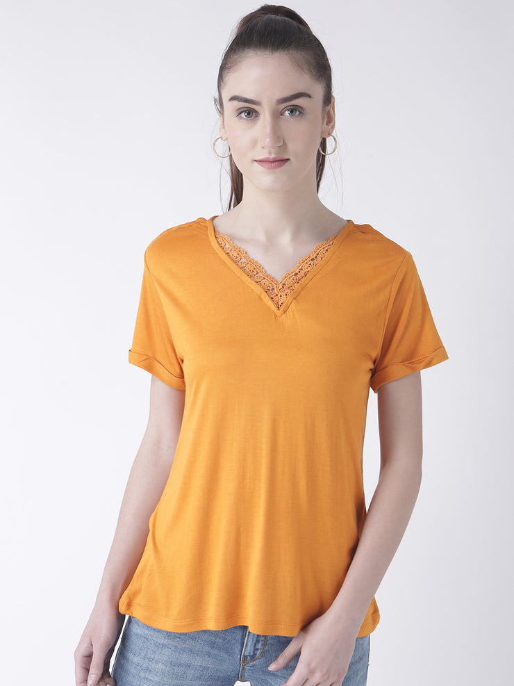 Orange Solid Tee With Lace V-Neck