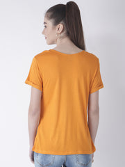 Orange Solid Tee With Lace V-Neck